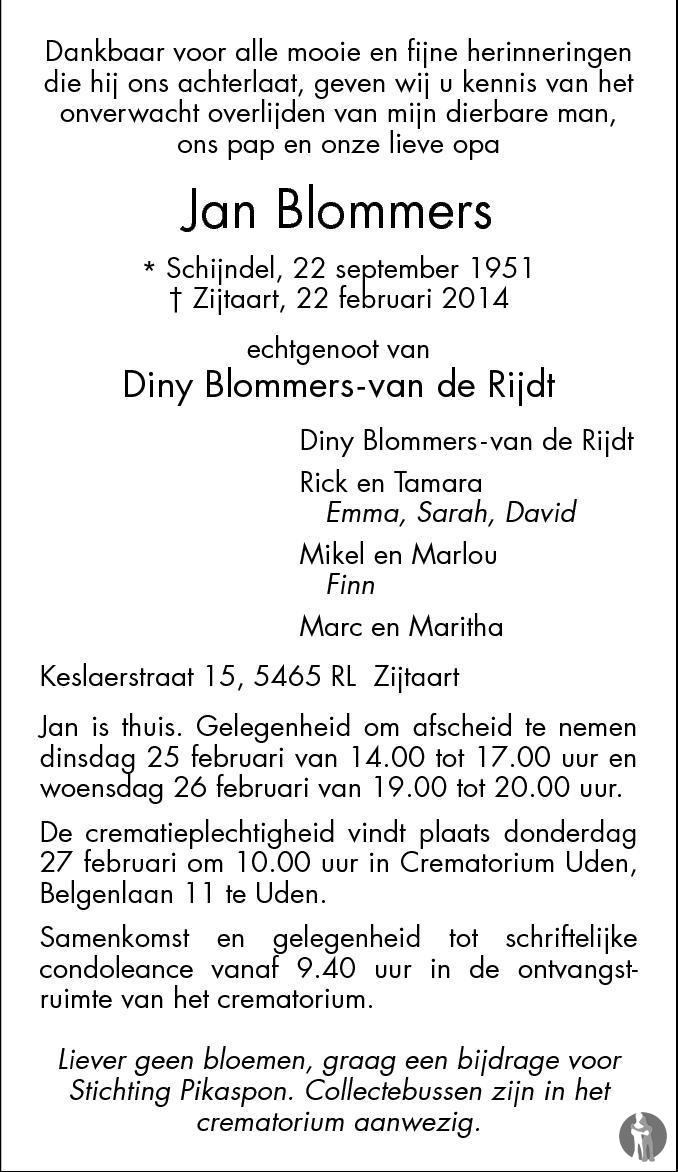 Overlijdensbericht van Jan Blommers in Brabants Dagblad