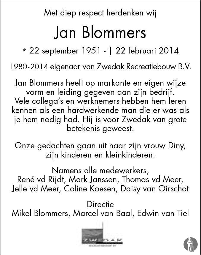 Overlijdensbericht van Jan Blommers in Eindhovens Dagblad