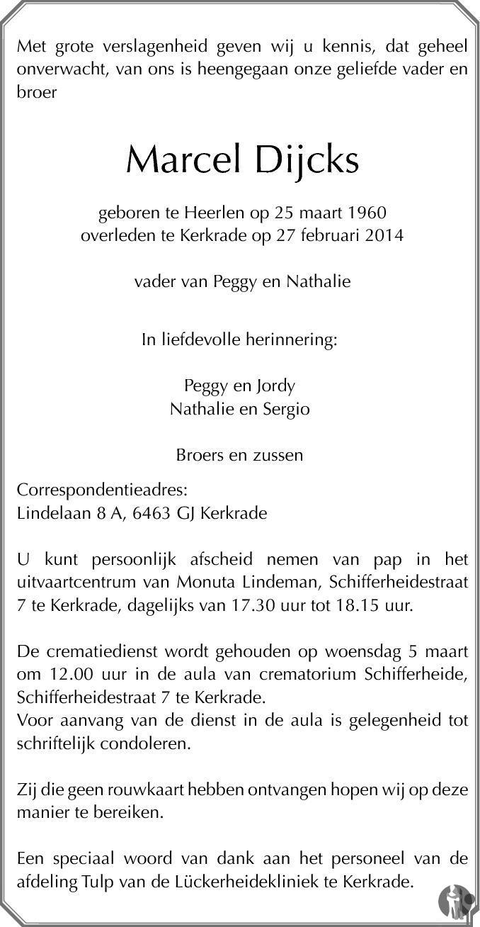 Marcel Dijcks 27022014 overlijdensbericht en condoleances Mensenlinq.nl