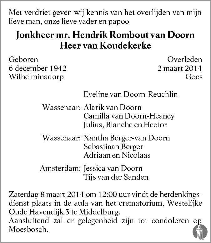 Jonkheer mr. Hendrik Rombout van Doorn 02-03-2014 overlijdensbericht en ...