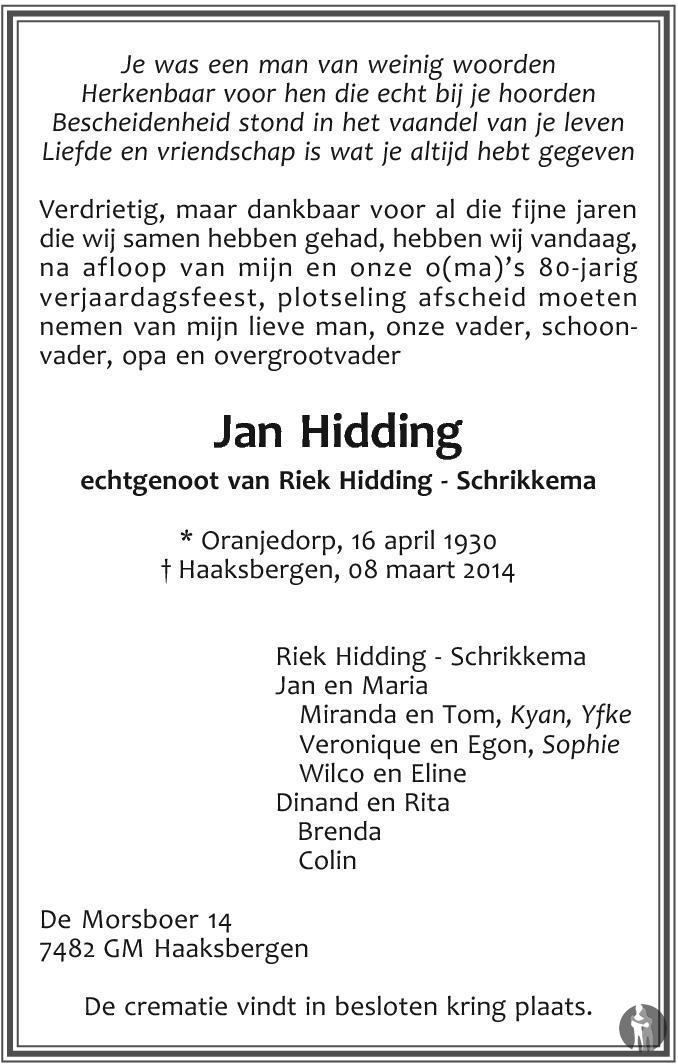 Jan Hidding 08032014 overlijdensbericht en condoleances Mensenlinq.nl