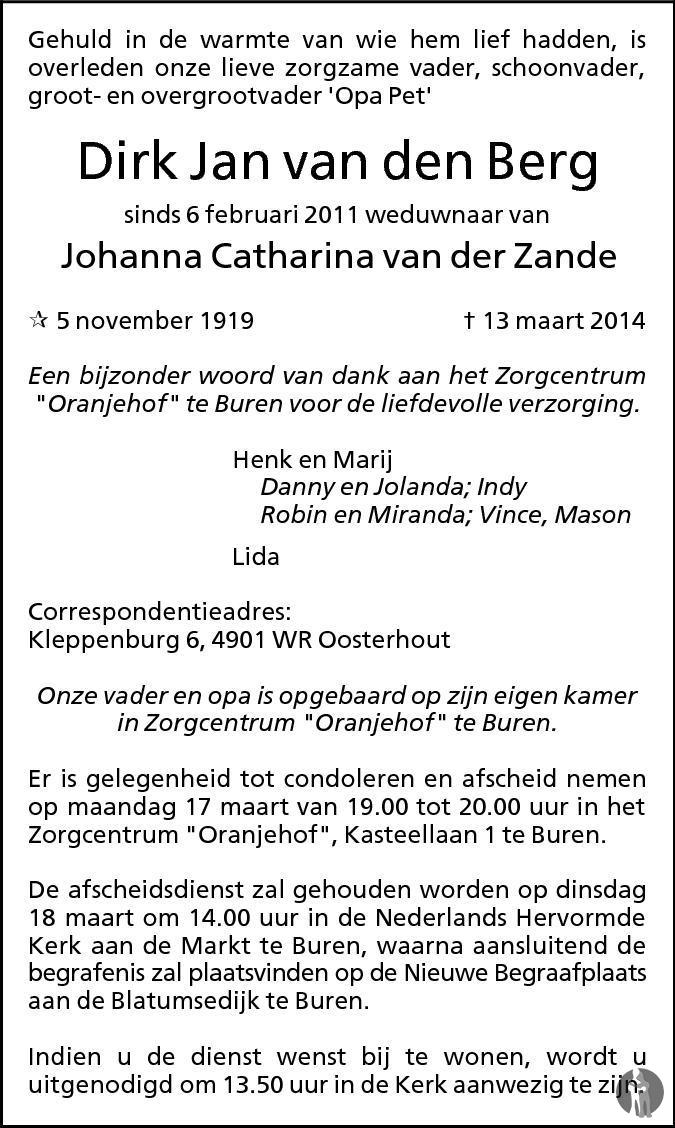 Dirk Jan Van Den Berg 13-03-2014 Overlijdensbericht En Condoleances 