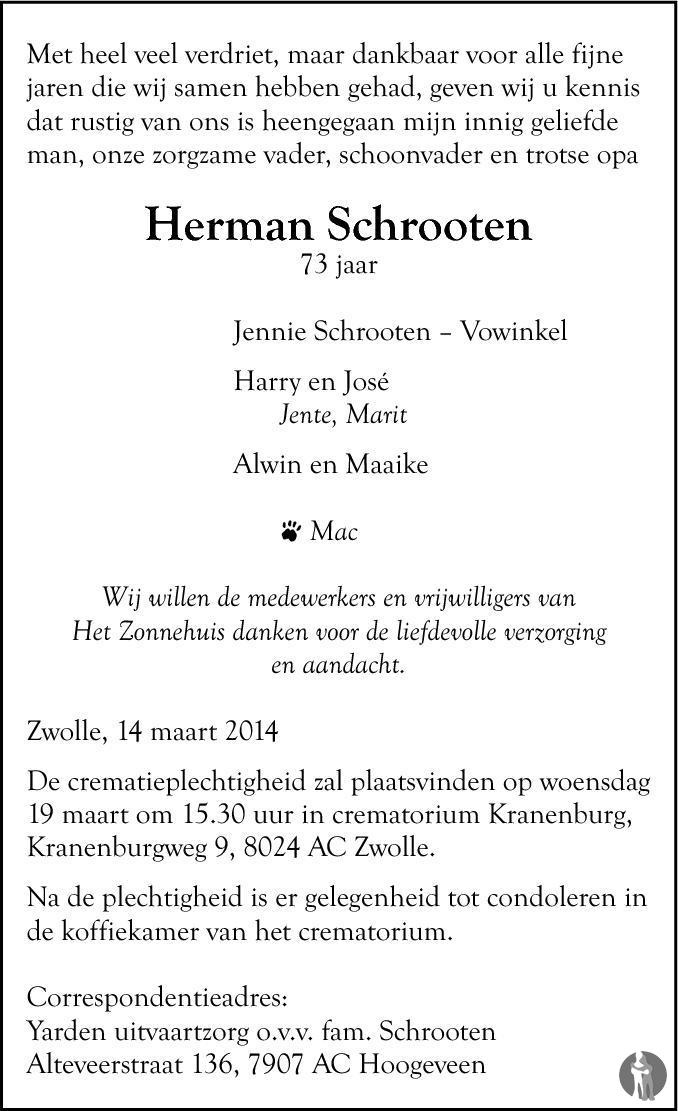 Herman Schrooten 14-03-2014 overlijdensbericht en condoleances ...