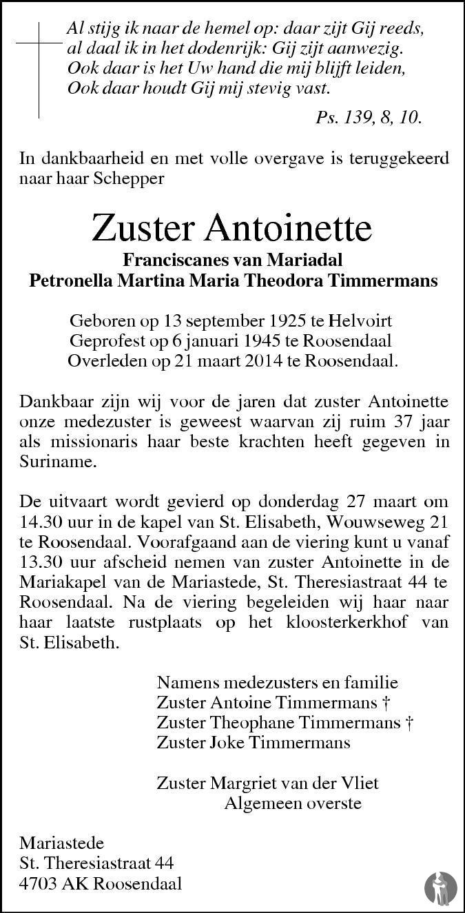 Petronella Martina Maria Theodora (Zuster Antoinette) Timmermans 21-03 ...