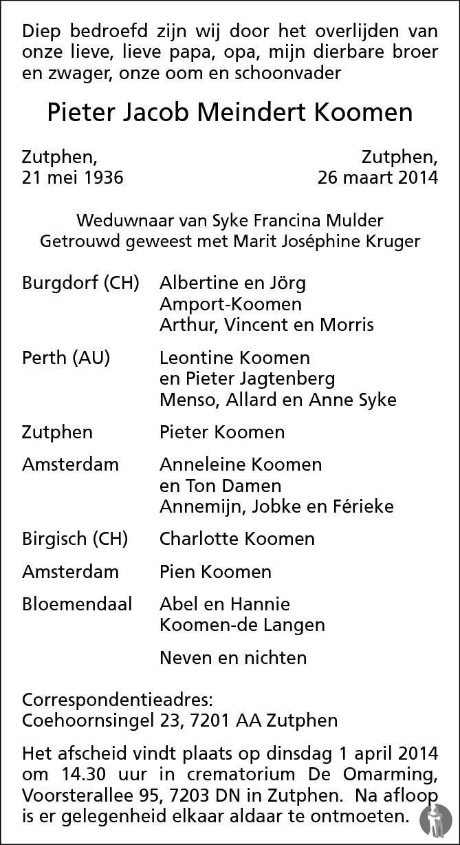 Pieter Jacob Meindert Koomen 26032014 overlijdensbericht en