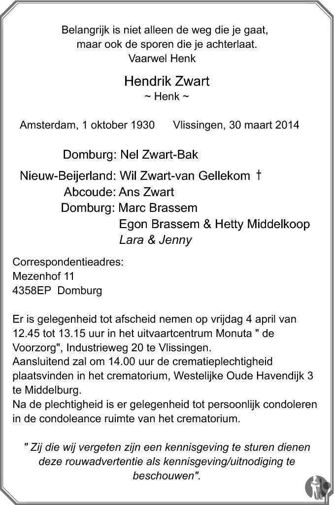 (Henk) Zwart ✝ 30-03-2014 condoleances - Mensenlinq.nl