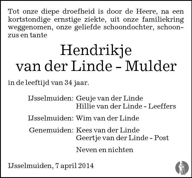 Hendrikje van der Linde Mulder 09 04 2014 overlijdensbericht en