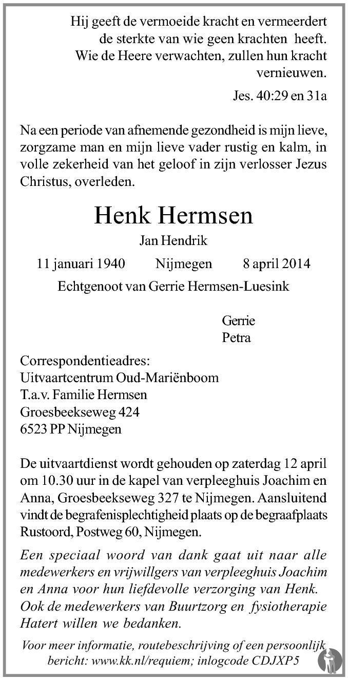 Jan Hendrik (Henk) Hermsen 08042014 overlijdensbericht en