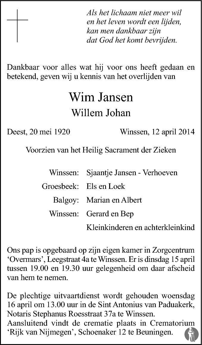 Willem Johan (Wim) Jansen 12-04-2014 overlijdensbericht en condoleances ...