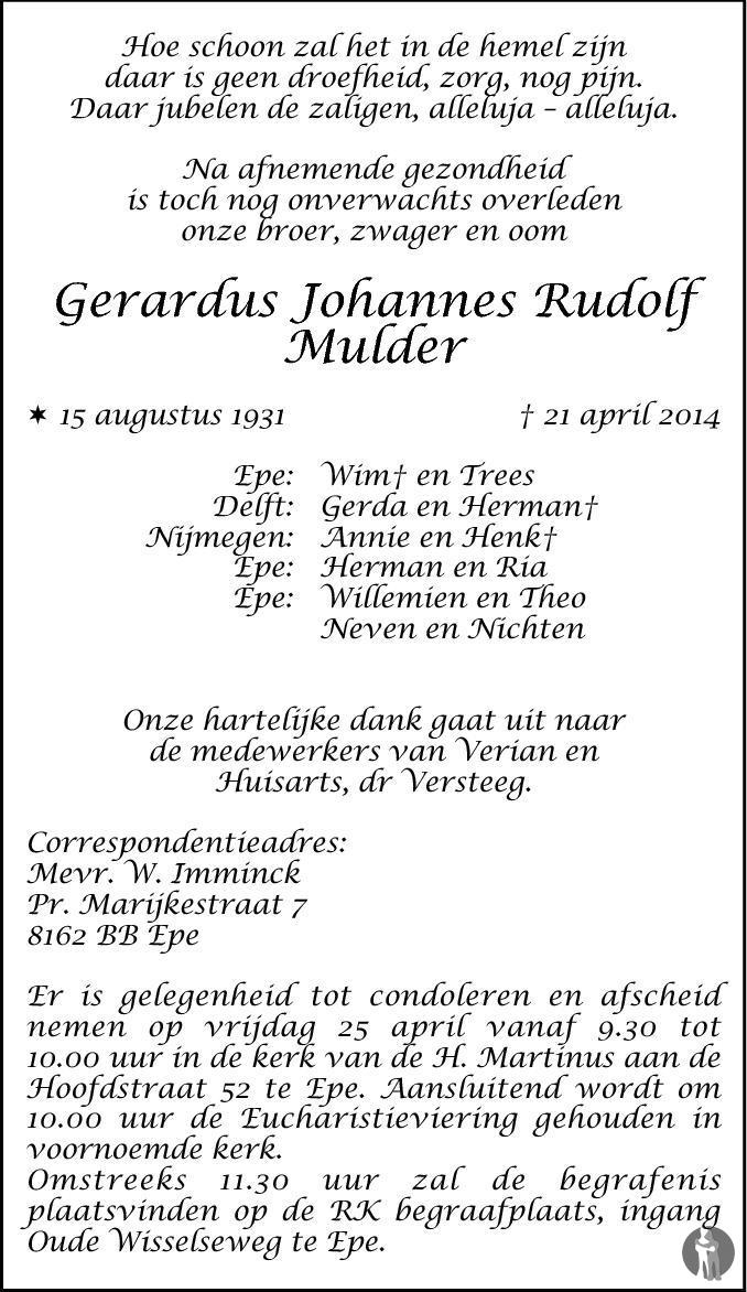 Gerardus Johannes Rudolf Mulder 21042014 overlijdensbericht en