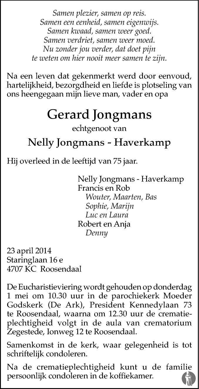 Gerard Jongmans 23-04-2014 overlijdensbericht en condoleances ...