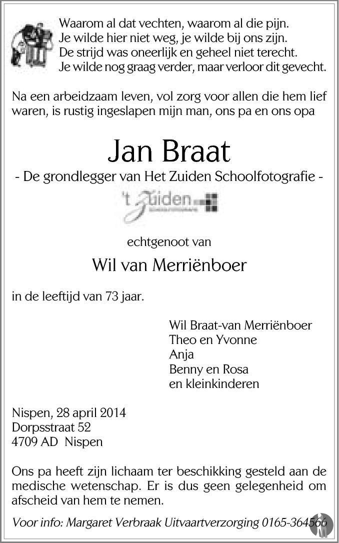 Jan Braat 28042014 overlijdensbericht en condoleances Mensenlinq.nl
