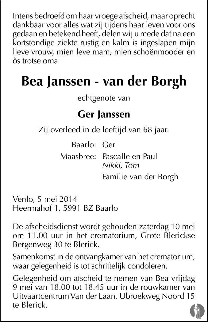 Bea Janssen - van der Borgh 05-05-2014 overlijdensbericht en ...