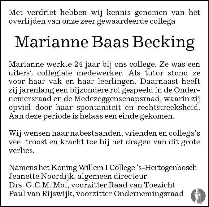 Marianne Baas Becking 05052014 overlijdensbericht en condoleances