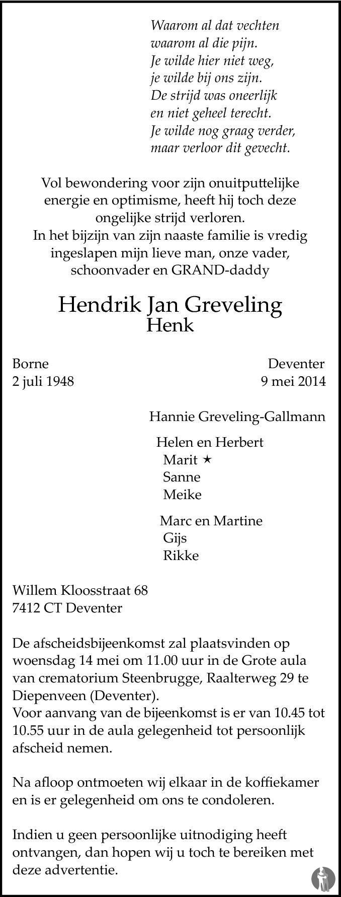 Hendrik Jan Henk Greveling Overlijdensbericht En Condoleances Mensenlinq Nl