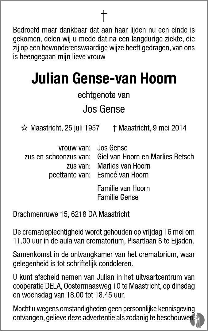 Julian Gense - Van Hoorn 09-05-2014 Overlijdensbericht En Condoleances 