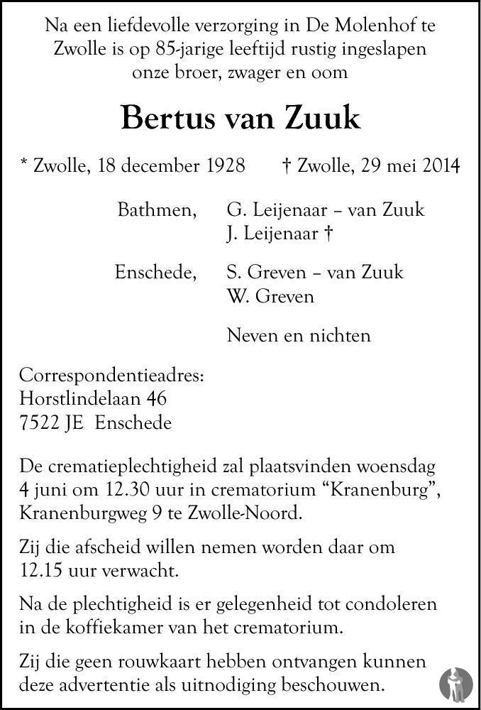 Overlijdensbericht van Bertus van Zuuk in de Stentor