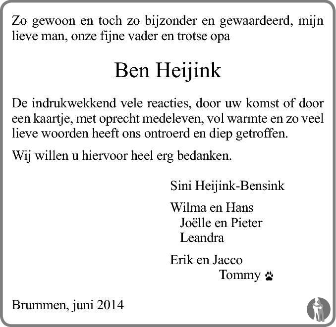 Ben Heijink 29-04-2014 overlijdensbericht en condoleances - Mensenlinq.nl