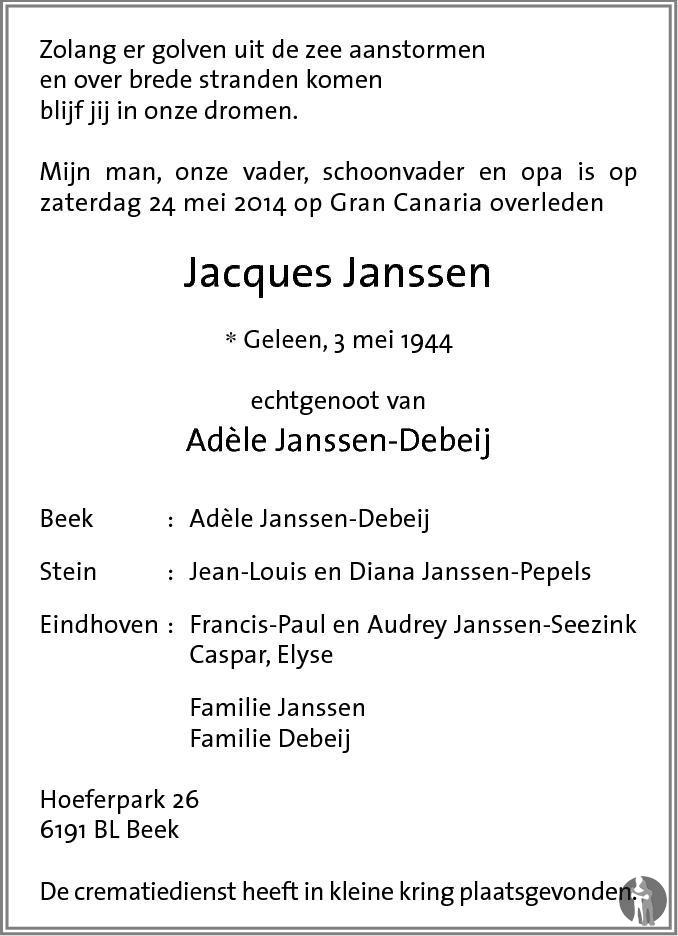 Jacques Janssen 24-05-2014 overlijdensbericht en condoleances ...