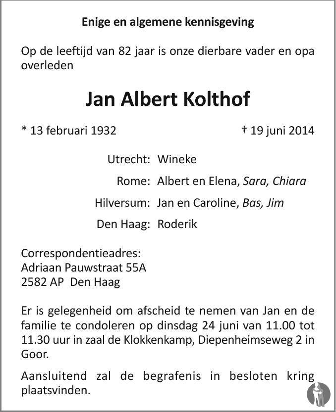 Jan Albert Kolthof 19-06-2014 overlijdensbericht en condoleances ...