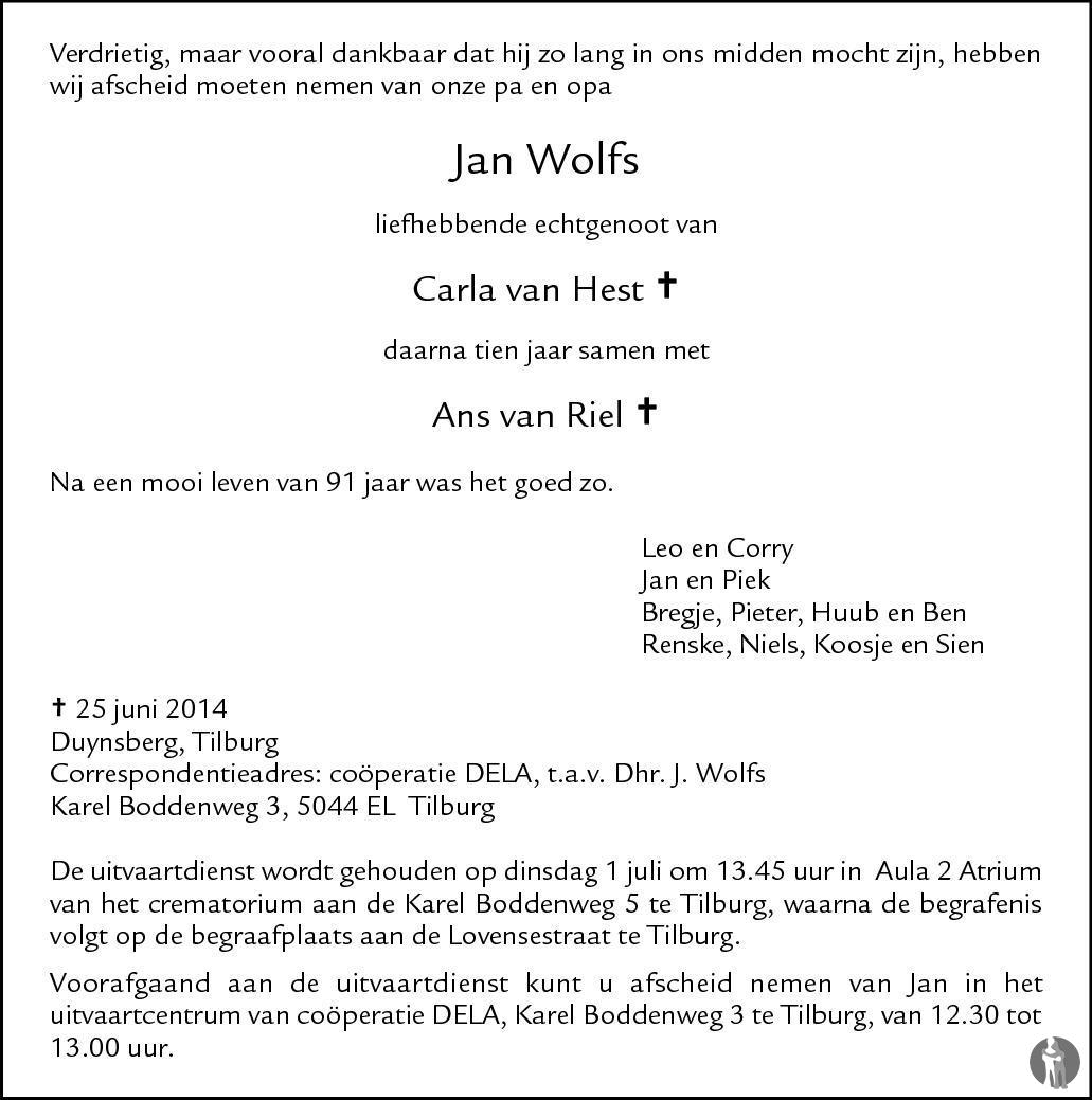 Jan Wolfs 25-06-2014 overlijdensbericht en condoleances - Mensenlinq.nl