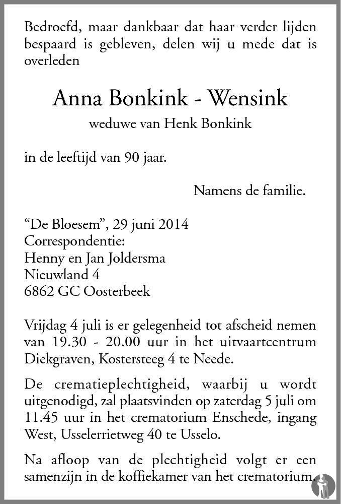 Anna Bonkink - Wensink 29-06-2014 overlijdensbericht en condoleances ...