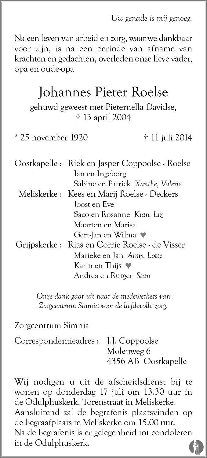 Johannes Pieter Roelse 11-07-2014 overlijdensbericht en condoleances ...