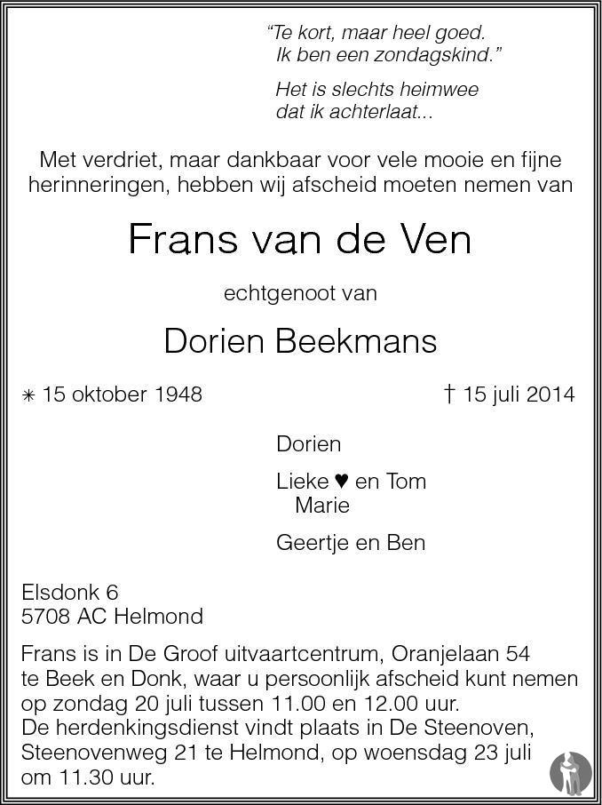 Frans van de Ven 15072014 overlijdensbericht