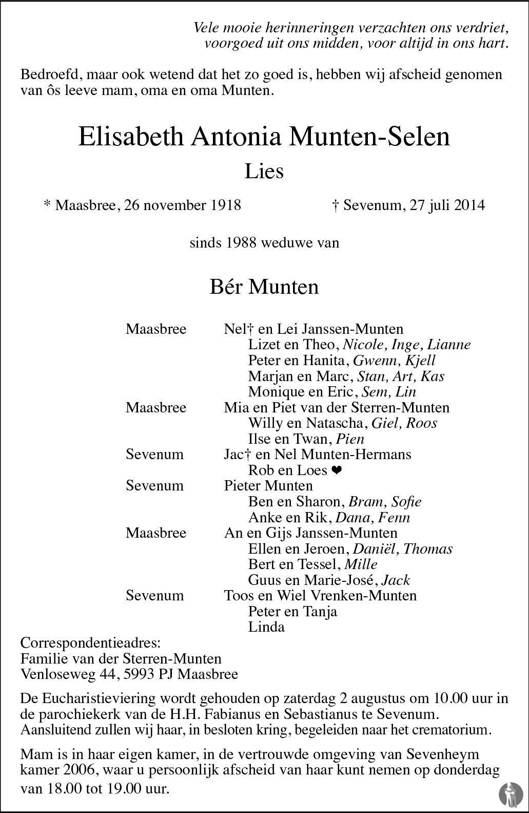 Elisabeth Antonia (Lies) Munten - Selen 27-07-2014 overlijdensbericht