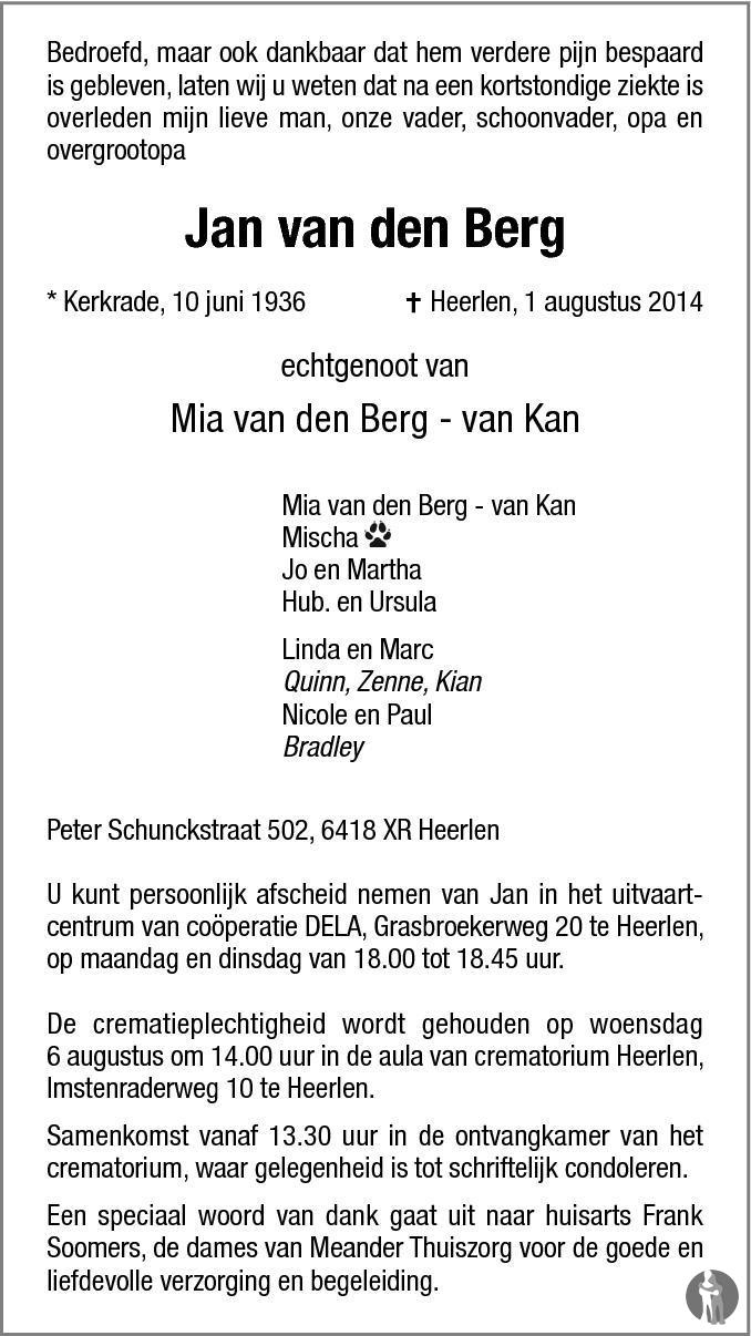 Jan van den Berg 01082014 overlijdensbericht en condoleances Mensenlinq.nl Jan van den Berg 01082014 overlijdensbericht en condoleances Mensenlinq.nl