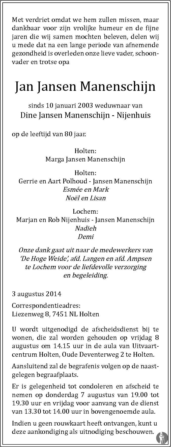 Jan Jansen Manenschijn 03-08-2014 overlijdensbericht en condoleances ...