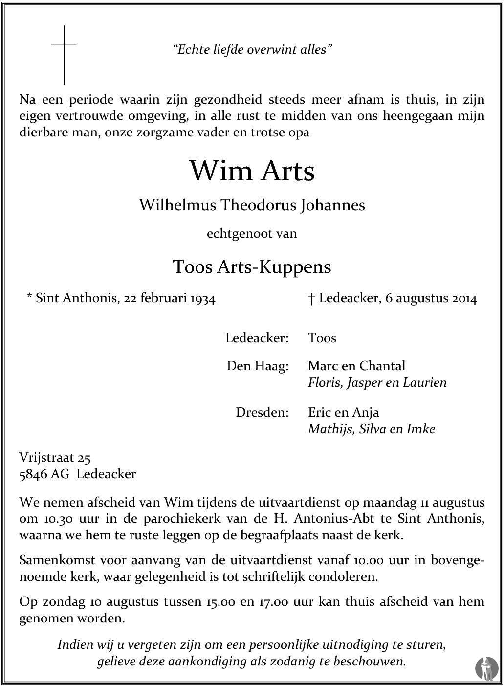 Overlijdensbericht van Wilhelmus Theodorus Johannes (Wim) Arts in de Gelderlander