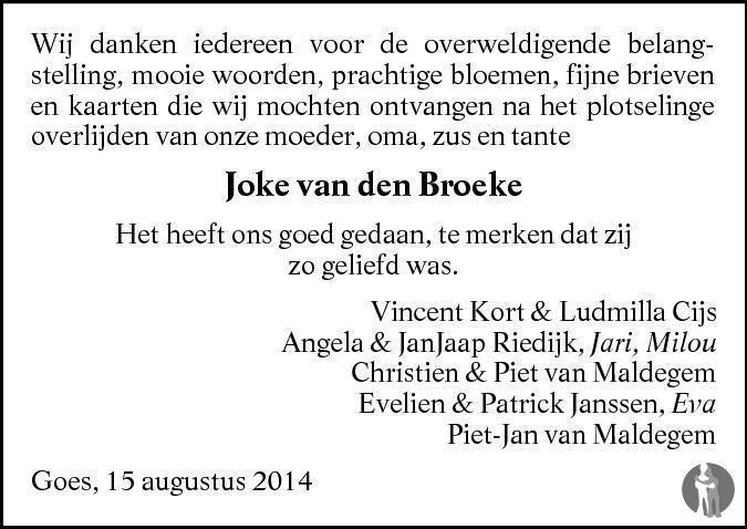 Joke van den Broeke 11072014 overlijdensbericht en condoleances