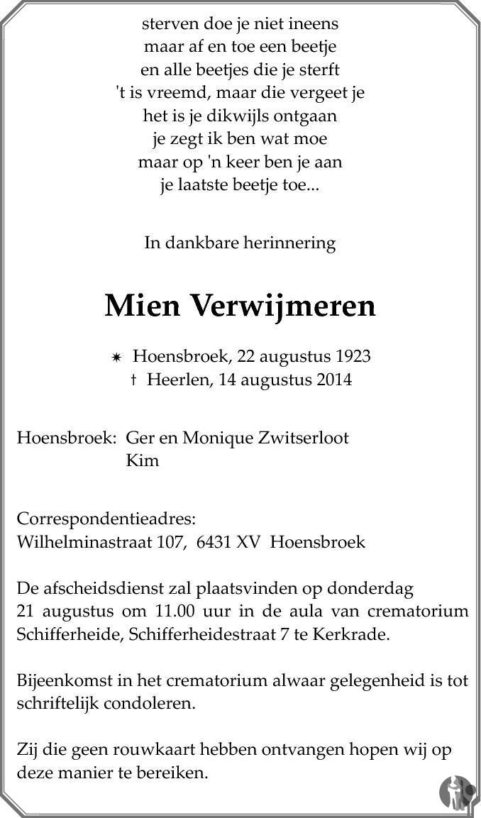 Mien Verwijmeren 14-08-2014 overlijdensbericht en condoleances ...