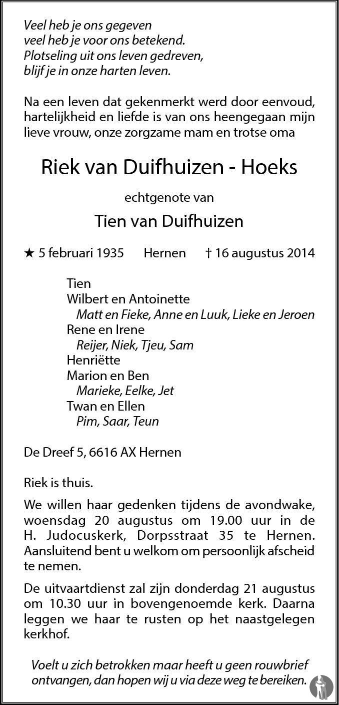 Mislukking Afspraak Paragraaf Riek van Duifhuizen - Hoeks ✝ 16-08-2014 overlijdensbericht en condoleances  - Mensenlinq.nl