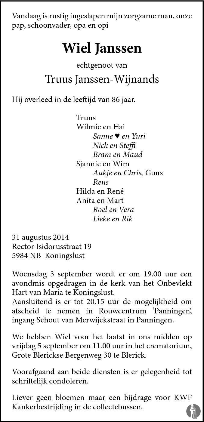 Wiel Janssen 31-08-2014 overlijdensbericht en condoleances - Mensenlinq.nl