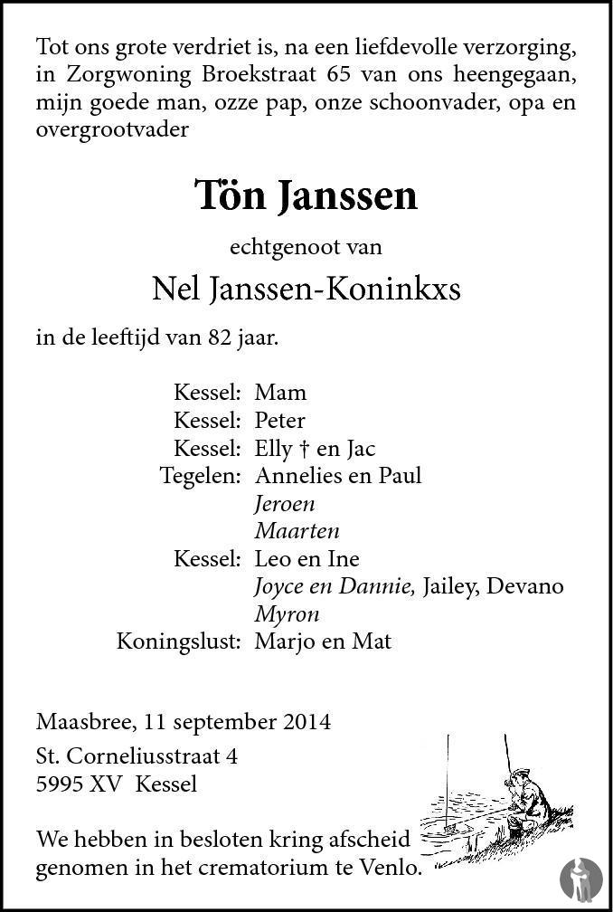 Tön Janssen 11-09-2014 overlijdensbericht en condoleances - Mensenlinq.nl