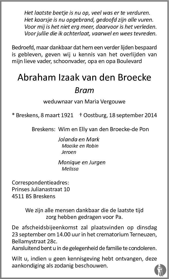 Abraham Izaak (Bram) van den Broecke 18092014 overlijdensbericht en