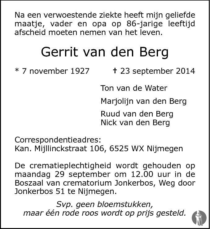 Gerrit van den Berg 23092014 overlijdensbericht