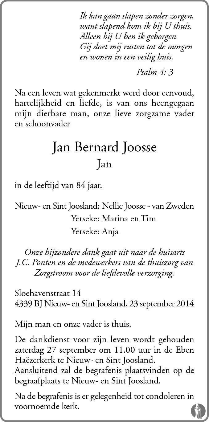 Jan Bernard (Jan) Joosse 23-09-2014 Overlijdensbericht En Condoleances ...