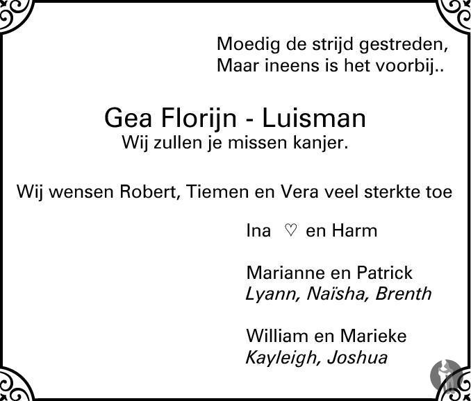 Gea Florijn Luisman 22 09 2014 Overlijdensbericht En Condoleances