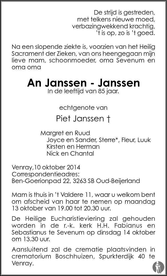 An Janssen - Janssen 10-10-2014 overlijdensbericht en condoleances ...