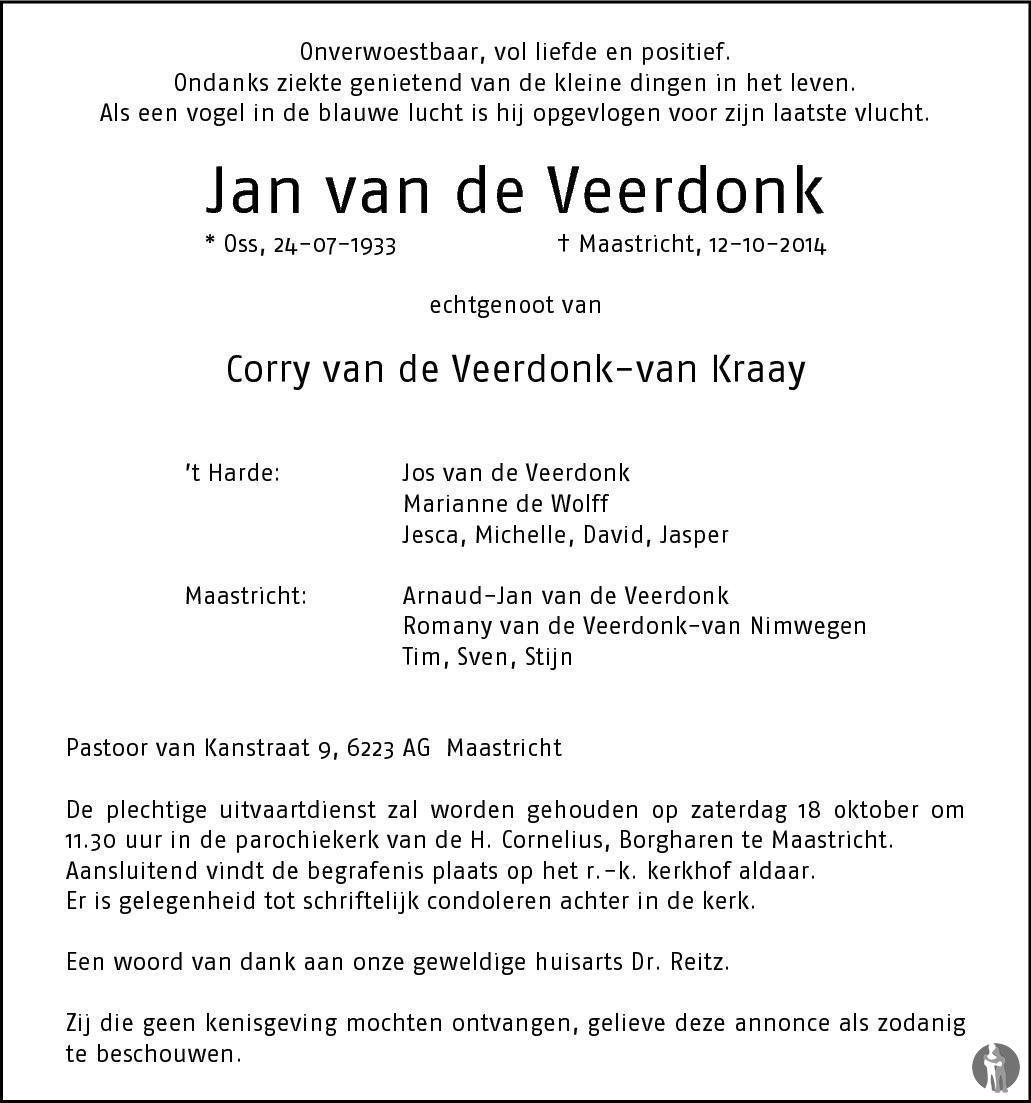 Jan Van De Veerdonk ✝ 12-10-2014 Overlijdensbericht En Condoleances -  Mensenlinq.Nl