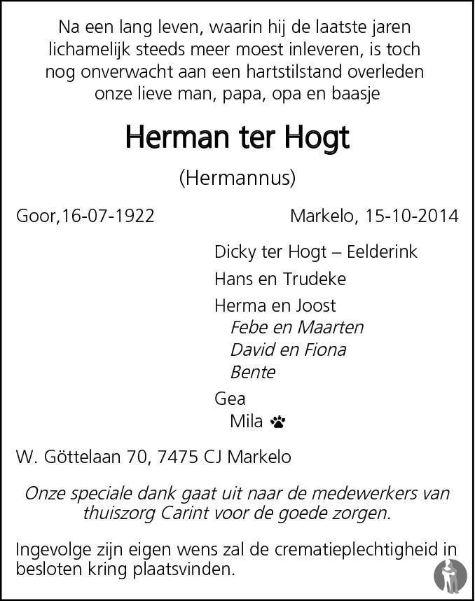 Hermannus Herman Ter Hogt 15 10 2014 Overlijdensbericht En