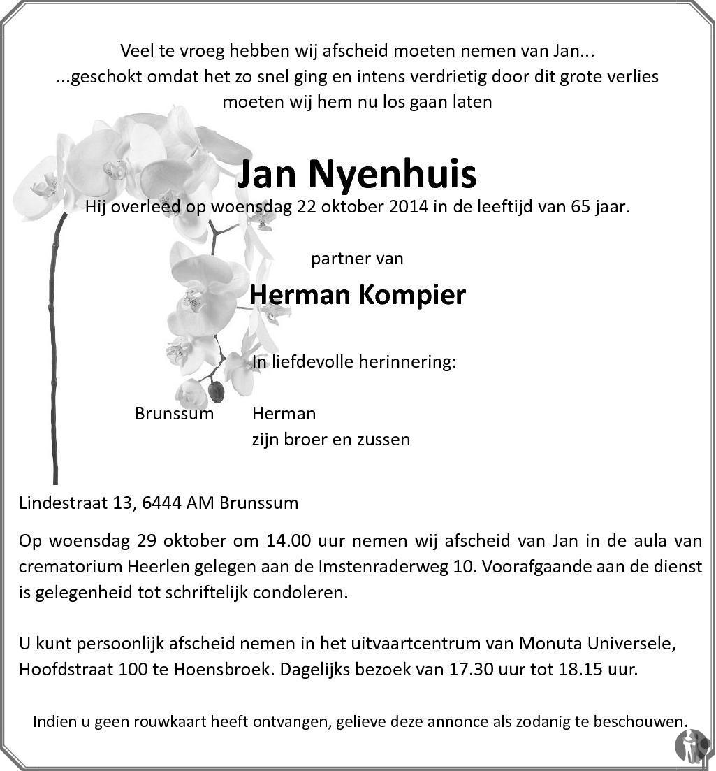 Jan Nyenhuis 22102014 overlijdensbericht en condoleances Mensenlinq.nl