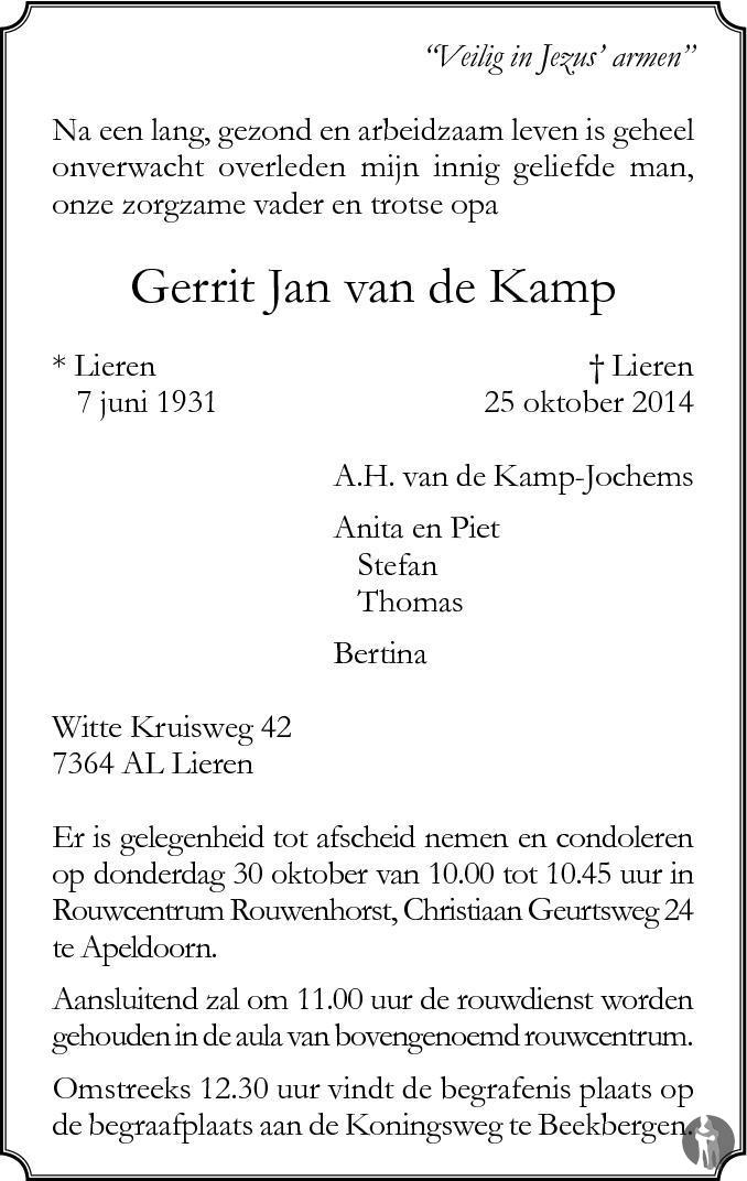 Gerrit Jan van de Kamp 25-10-2014 overlijdensbericht en condoleances ...