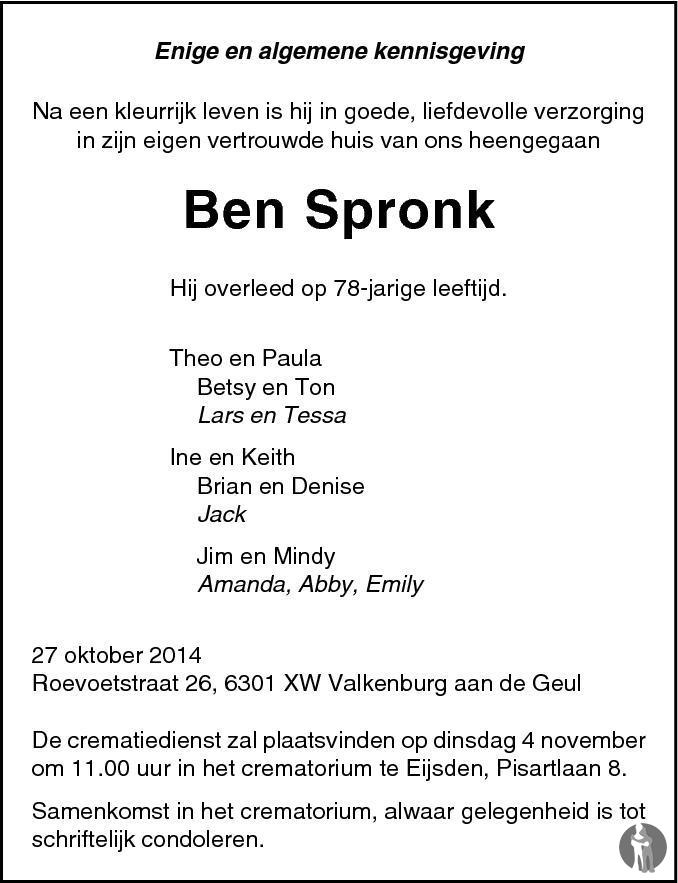 Ben Spronk 27-10-2014 Overlijdensbericht En Condoleances - Mensenlinq.nl