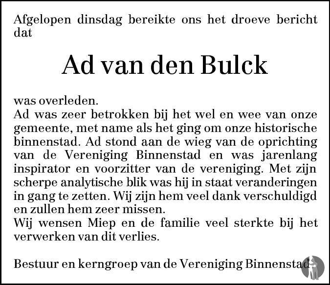 Overlijdensbericht van Adrianus Pieter (Ad) van den  Bulck in BN DeStem