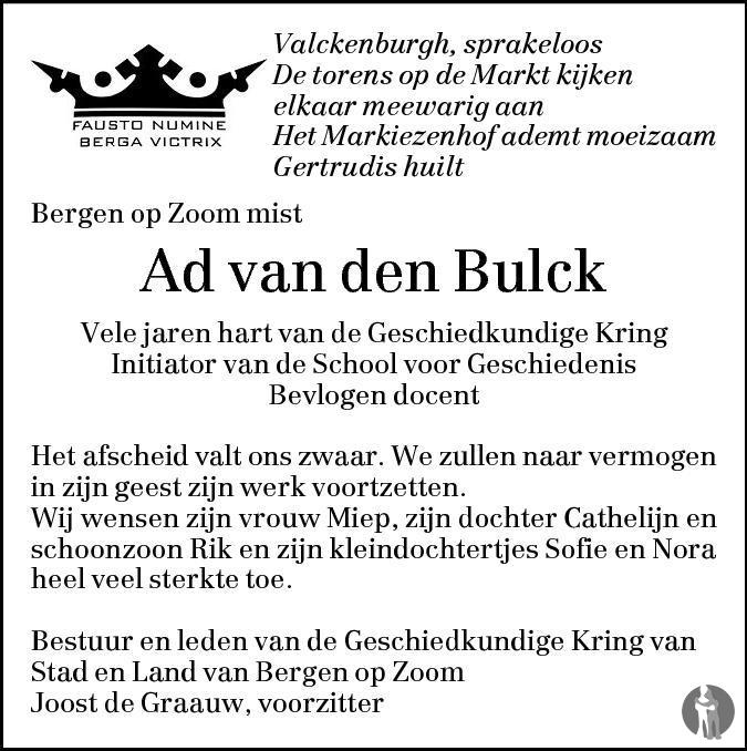 Overlijdensbericht van Adrianus Pieter (Ad) van den  Bulck in BN DeStem