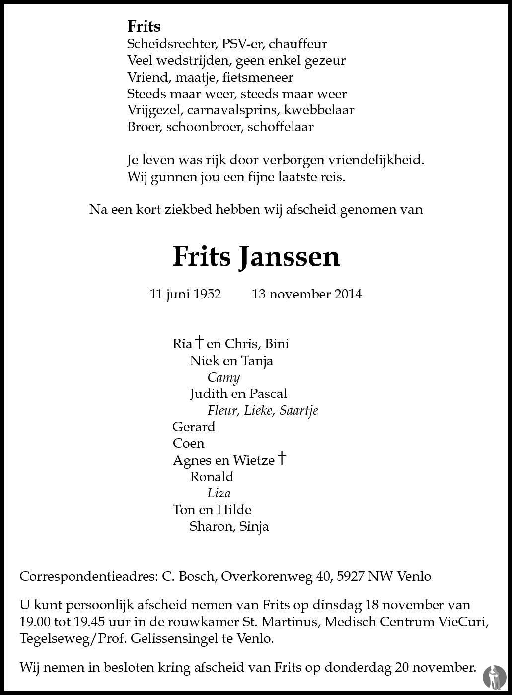 Frits Janssen 13-11-2014 overlijdensbericht en condoleances - Mensenlinq.nl